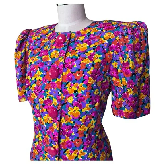 Vintage Nina Raynor 100% Silk Floral Multicolor‎ Statement Dress - Picture 5 of 13
